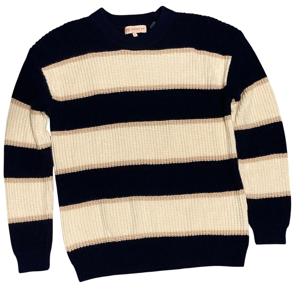 Wythe NY Striped Sweater Womens Lg Navy Cream Cotton Wool Chunky Knit EUC